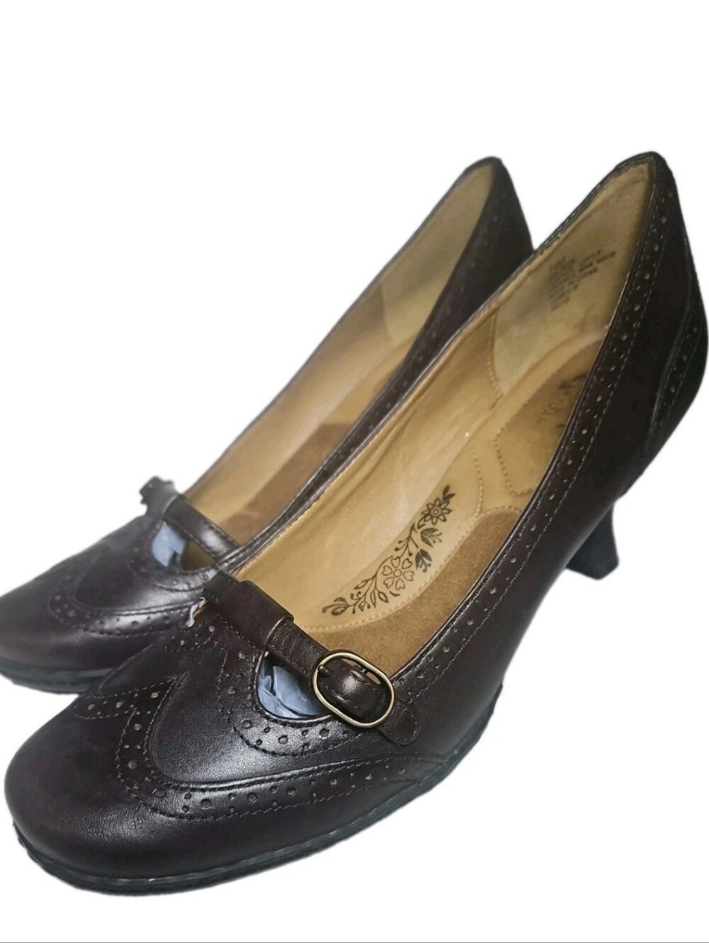 Strictly Comfort Leather Mary Jane Pump 7.5M Brown Wingtip Brogue Kitten Heel[8C